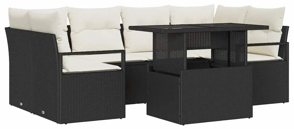 vidaXL Σετ Καναπέ Κήπου 7 Τεμαχίων με Μαξιλάρια, Μαύρο Πολυ Ράτταν