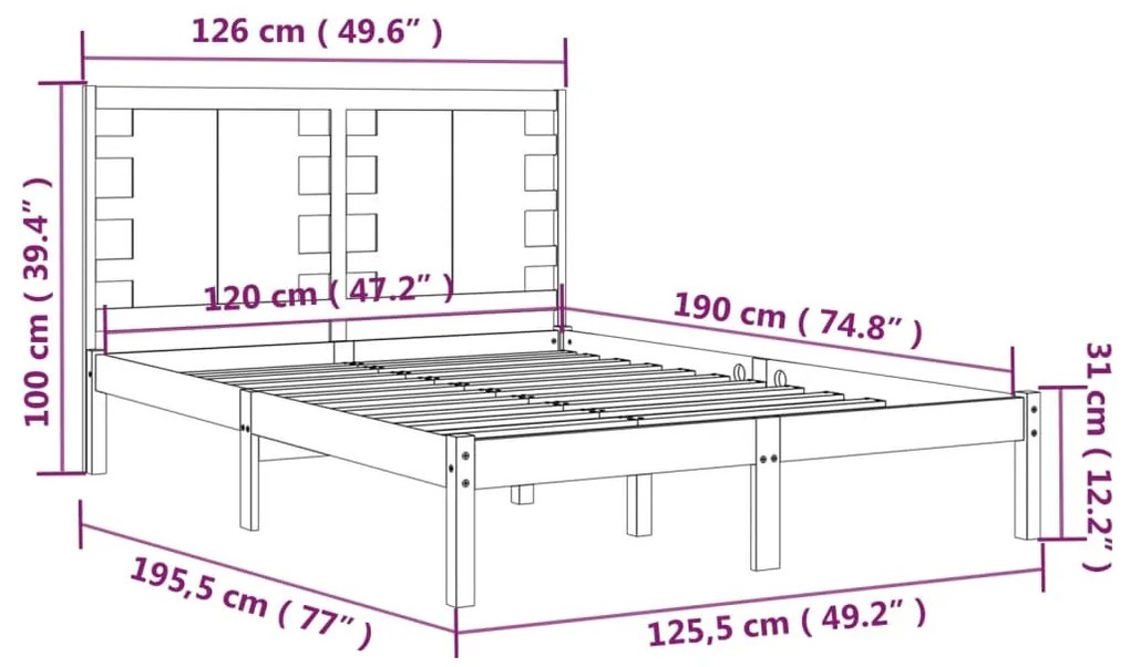 vidaXL Πλαίσιο Κρεβατιού Μαύρο 120 x 190 εκ. Μασίφ Ξύλο Small Double