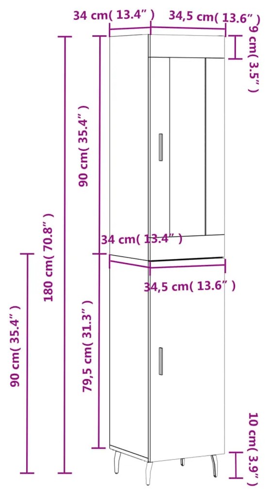 Ντουλάπι Γυαλ. Λευκό 34,5 x 34 x 180 εκ. από Επεξεργασμένο Ξύλο - Λευκό