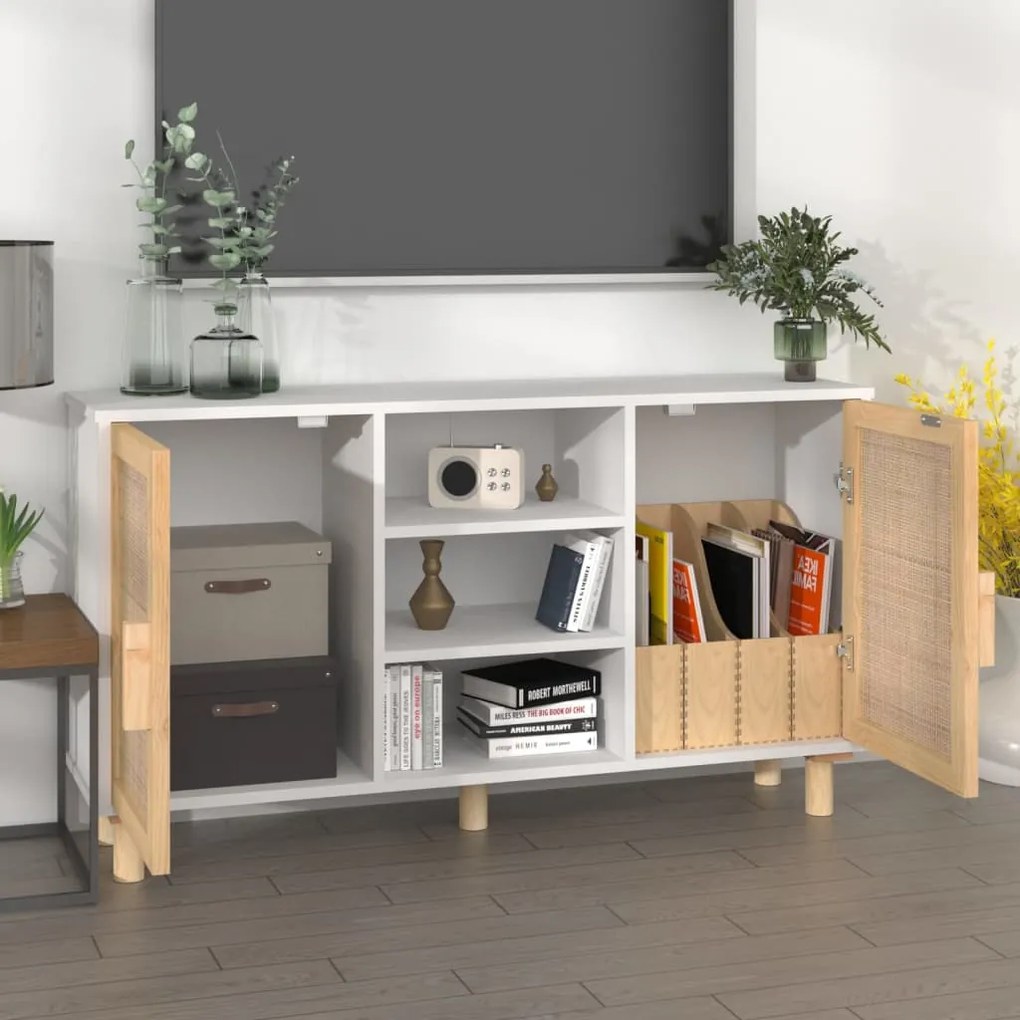 vidaXL Μπουφές Λευκός 105 x 30 x 60 εκ. Μασίφ Πεύκο &amp; Φυσικό Ρατάν
