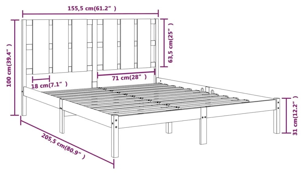 vidaXL Πλαίσιο Κρεβατιού Λευκό 150 x 200 εκ. Μασίφ Ξύλο King Size