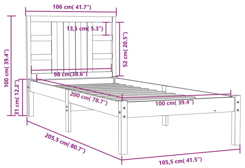 vidaXL Πλαίσιο Κρεβατιού 100 x 200 εκ. από Μασίφ Ξύλο