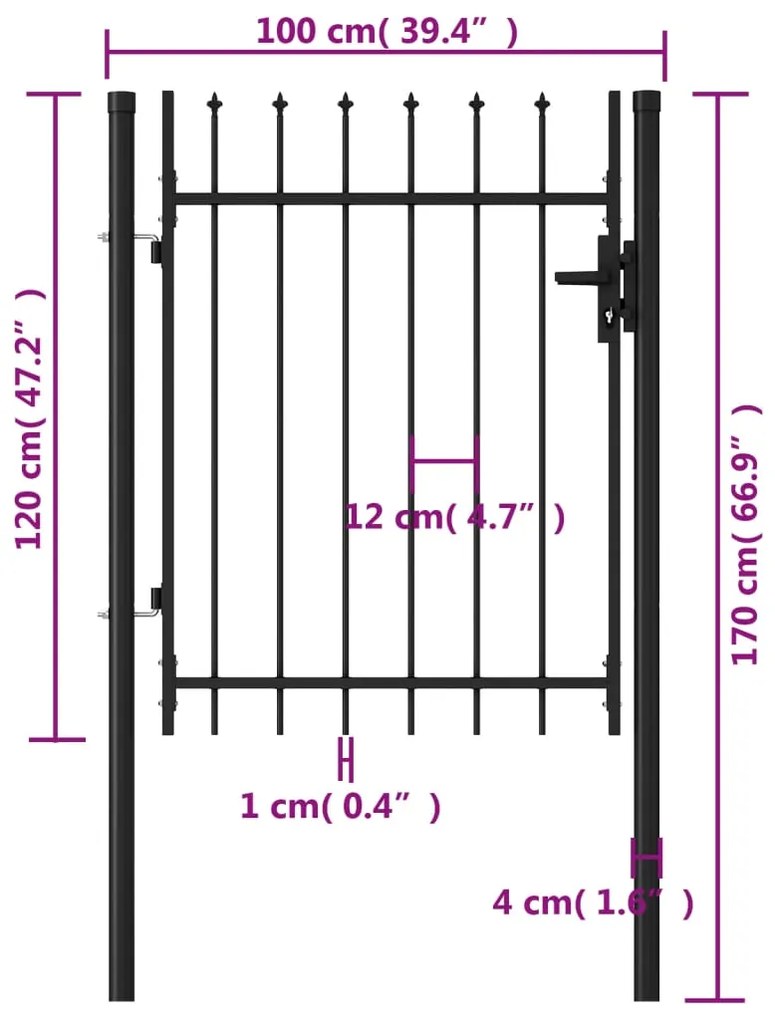 vidaXL Καγκελόπορτα Μονή με Ακίδες Μαύρη 1 x 1,2 μ. Ατσάλινη