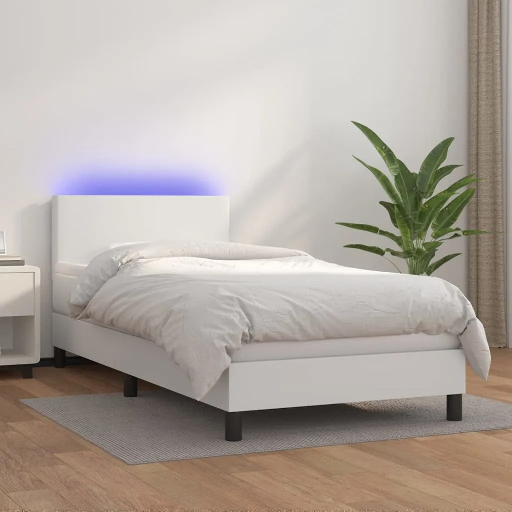 Κρεβάτι Boxspring με Στρώμα & LED Λευκό 90x200 εκ. Συνθ. Δέρμα