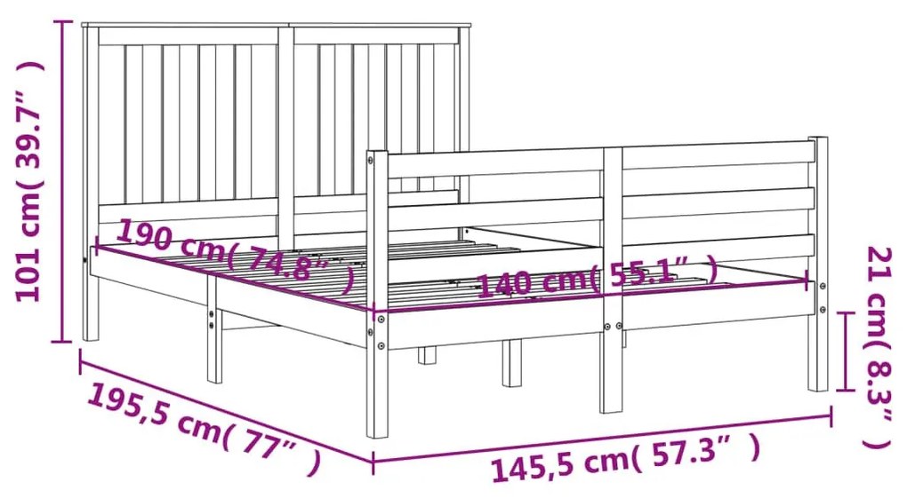 Πλαίσιο Κρεβατιού με Κεφαλάρι 140x190 εκ. από Μασίφ Ξύλο - Καφέ