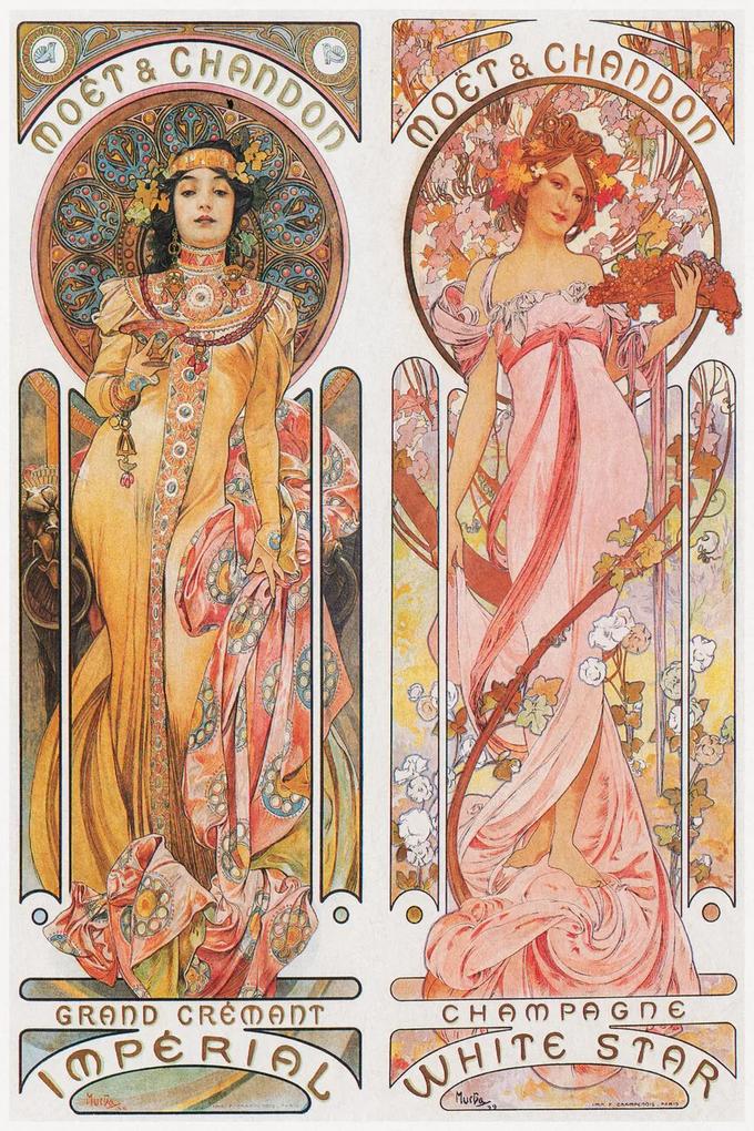 Εκτύπωση έργου τέχνης Moët & Chandon Champagne (Beautiful Pair of Art Nouveau Lady, Advertisement) - Alfons / Alphonse Mucha, (26.7 x 40 cm)