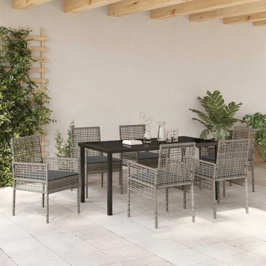 vidaXL Σέτ φαγητού για κήπο με μαξιλάρι 7 pcs Γκρι Πολυ ράταν