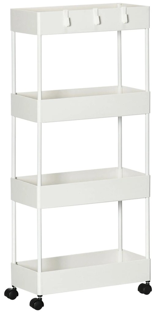 HOMCOM Τροχήλατο καρότσι κουζίνας με 4 ράφια, 4 ευέλικτες κρεμάστρες, 4 τροχούς, 40 cm x 19 cm x 90 cm, λευκό