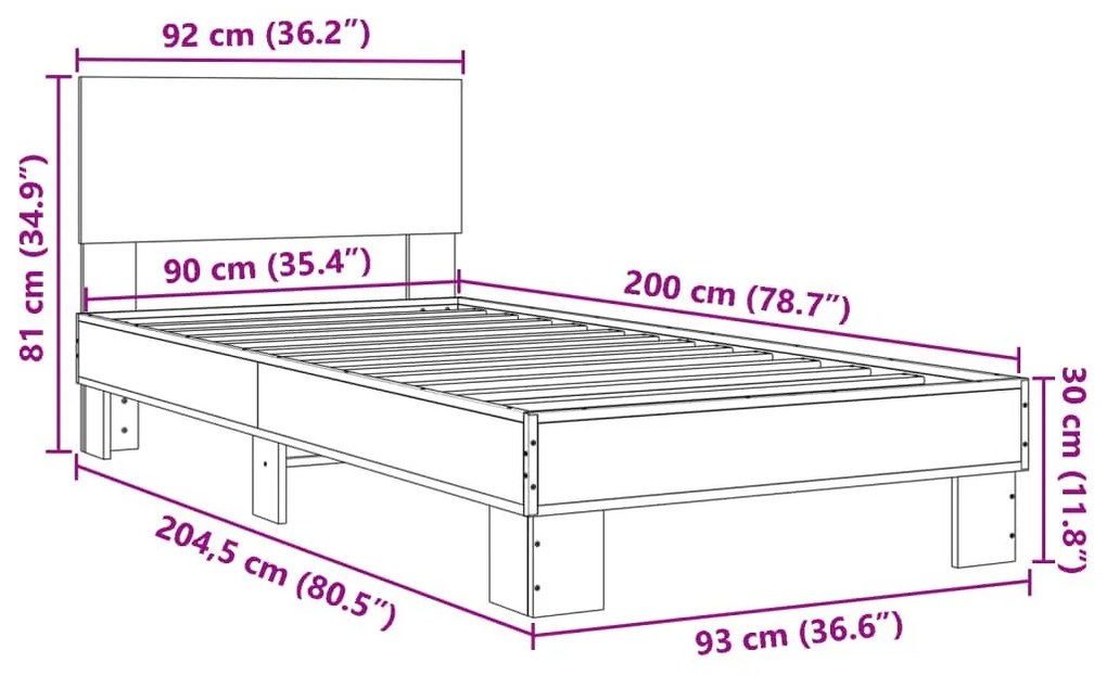 Πλαίσιο Κρεβατιού Γκρι Sonoma 90x200 εκ. Επεξ. Ξύλο &amp; Μέταλλο - Γκρι