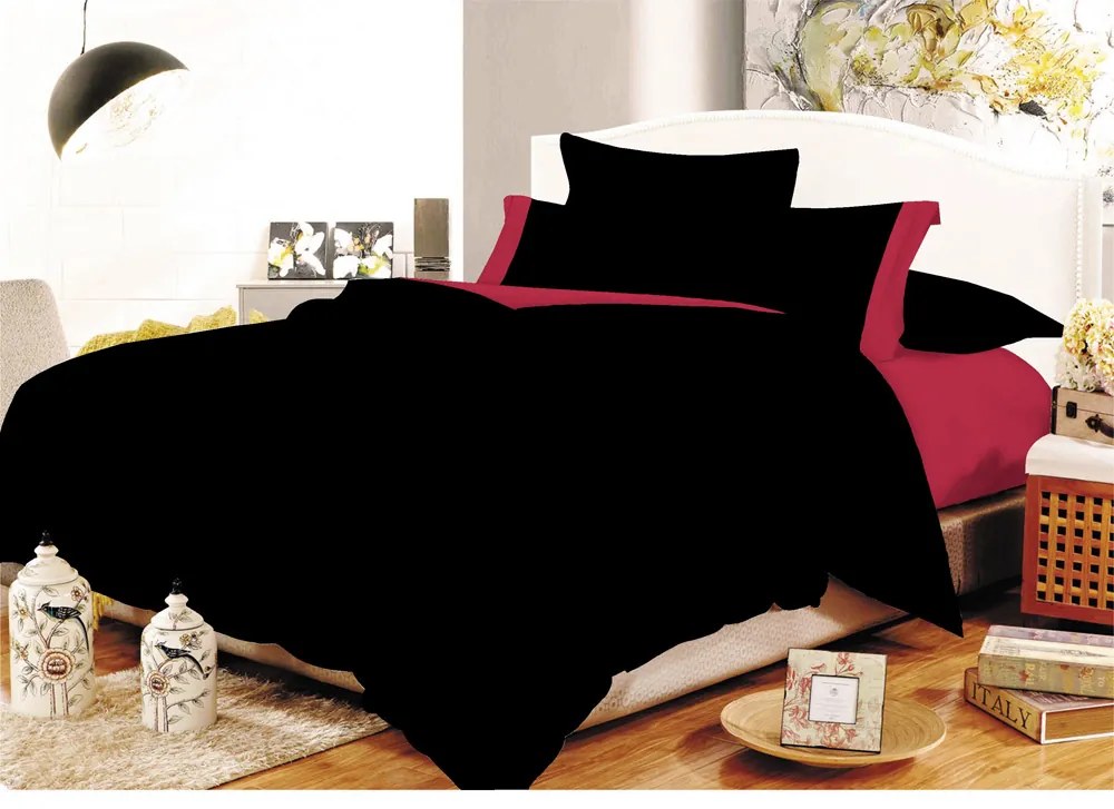 Σετ Σεντόνια ΚΟΜΒΟΣ Cotton Line Black - Red Μονόχρωμα με Φάσα Υπέρδιπλα 220x240