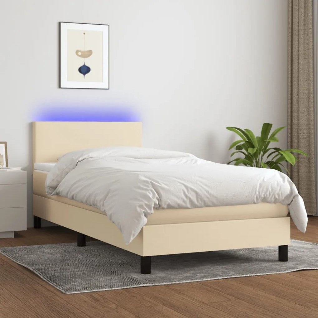 Κρεβάτι Boxspring με Στρώμα & LED Κρεμ 90x190 εκ. Υφασμάτινο