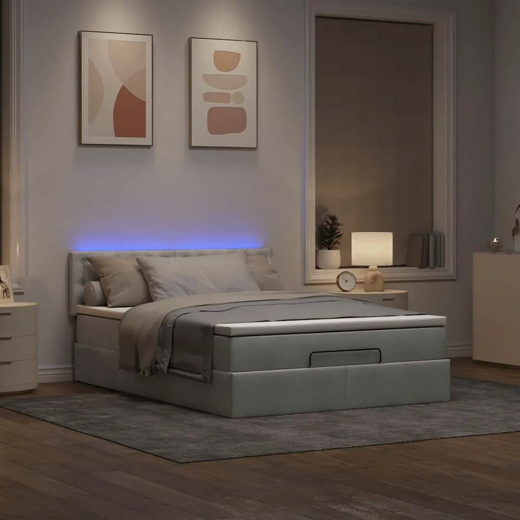 vidaXL Οθωμανικό κρεβάτι με στρώμα & LEDs Ανοιχτό γκρι Βελούδο