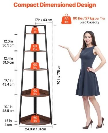 VEVOR 5 Tier Corner Shelf Tall Corner Bookshelf Plant Rack Wall Shelves Tower