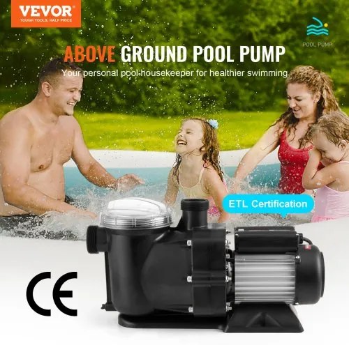 VEVOR Above Ground Swimming Pool Pump, 1500W/2.0HP, 115G PM Single Speed Swimming Pool Pump, Speed 2850RPM, Lift Head Pool Pump 15m Max. with Filter Basket, for Above Ground Swimming Pools, Spas