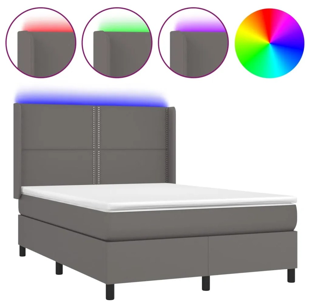 Κρεβάτι Boxspring με Στρώμα &amp; LED Γκρι 140x190 εκ. Συνθ. Δέρμα - Γκρι