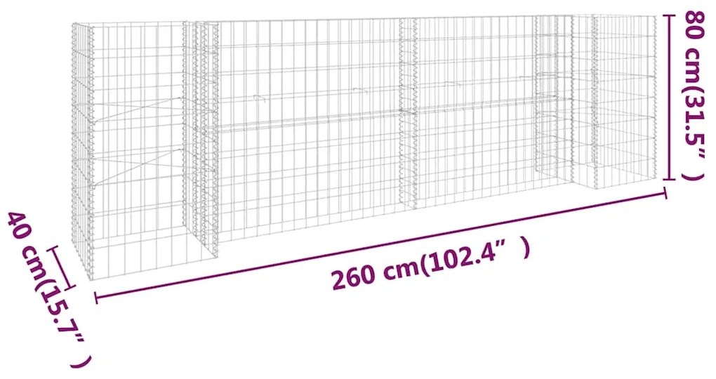 vidaXL Συρματοκιβώτιο Γλάστρα Σχήμα «Η» 260x40x80 εκ. Ατσάλινο Σύρμα