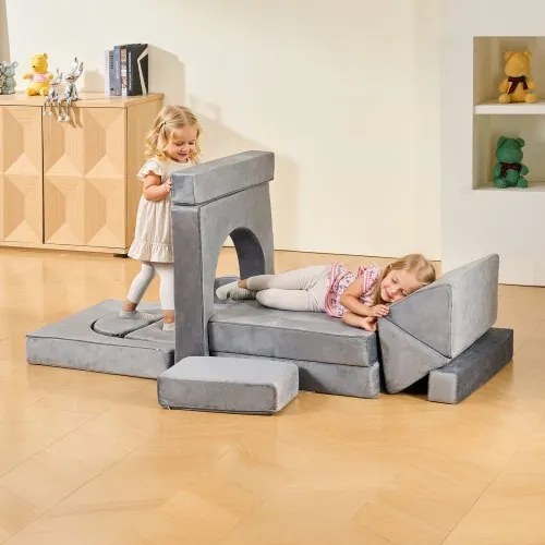 VEVOR Modular Kids Play Couch, Sectional Toddler Sofa with Armrests, 28D Sponge &amp; Short Pile, Convertible Kids Modular Couch DIY Creative Combination for Playroom, Bedroom, Living Room, 14 Pcs, Gray