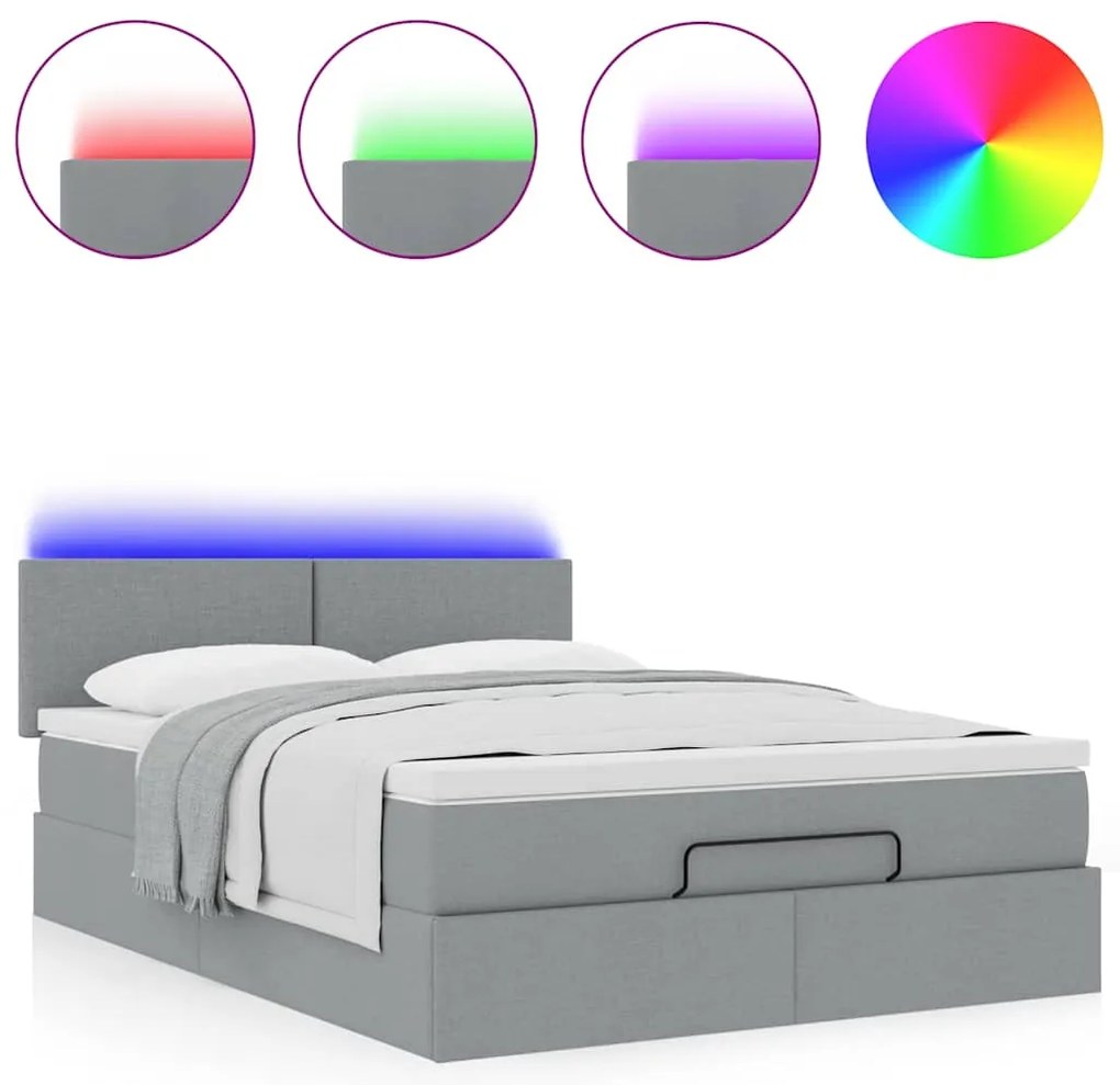 vidaXL Οθωμανικό κρεβάτι με στρώμα &amp; LEDs Ανοιχτό γκρι ύφασμα
