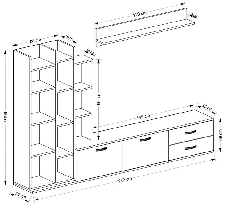 Σύνθεση σαλονιού Leman σε λευκή-oak απόχρωση 240x35x154εκ 240x35x154 εκ.