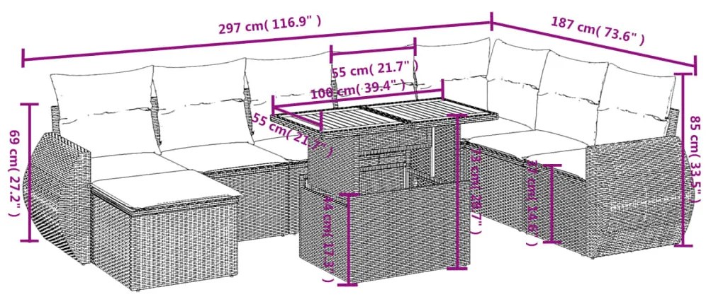 vidaXL Σαλόνι Κήπου Σετ 9 Τεμαχίων Γκρι Συνθετικό Ρατάν με Μαξιλάρια