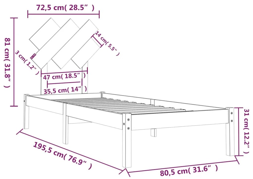 vidaXL Πλαίσιο Κρεβατιού Μαύρο 75 x 190εκ. από Μασίφ Ξύλο Small Single