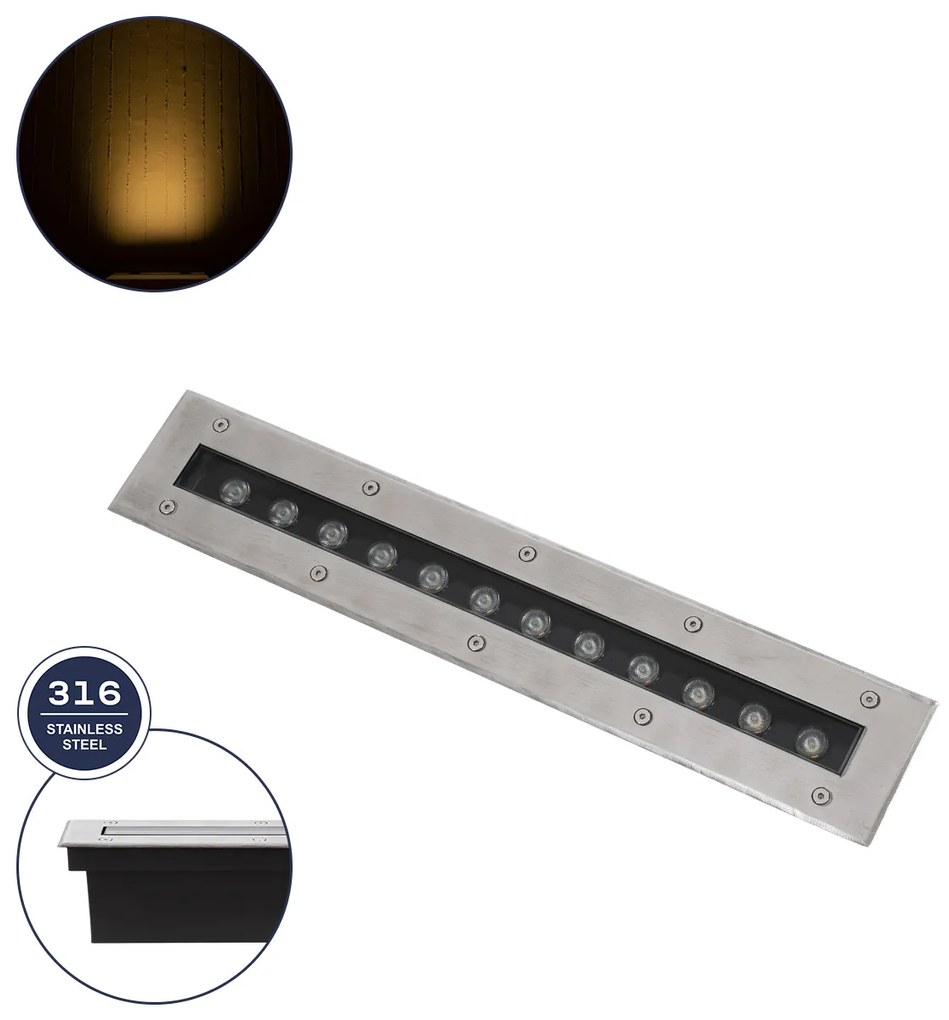 GloboStar UNDERGROUND-REMVI 90192 Χωνευτό Φωτιστικό Wall Washer Δαπέδου LED 12W 1080lm 10° DC 24V Αδιάβροχο IP68 L50 x W7.4 x H7cm Θερμό Λευκό 2700K - Ανοξείδωτο Ατσάλι - 3 Years Warranty - 90192