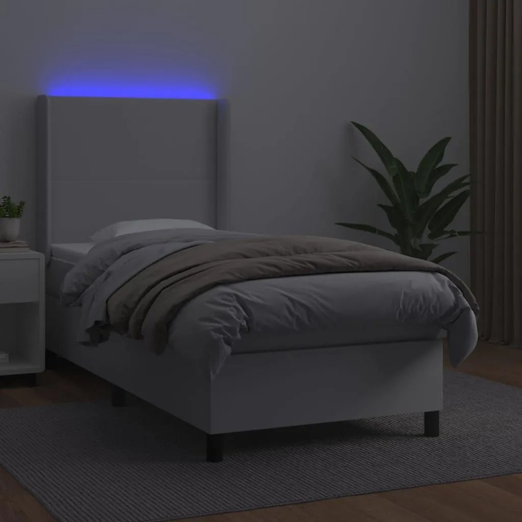 Κρεβάτι Boxspring με Στρώμα &amp; LED Λευκό 100x200 εκ. Συνθ. Δέρμα - Λευκό