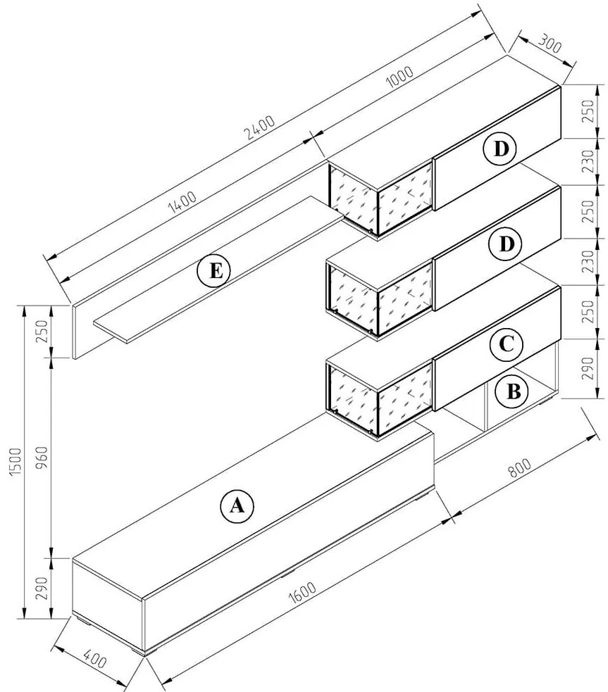 Σύνθετο Σαλονιού REGINA Μαύρο-Artizan Oak Μ240xΒ40xΥ150εκ.