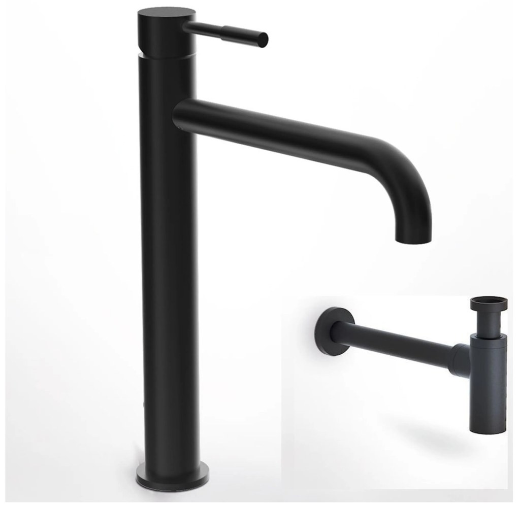 La Torre New Tech Black Matt 12507-400 Μπαταρία Νιπτήρος Υψηλή, με Βαλβίδα clic-clac+Σιφών