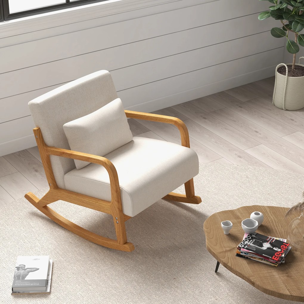 HOMCOM Κουνιστή πολυθρόνα σε ρετρό στυλ, ξύλο καουτσούκ, 64,5 cm x 92 cm x 81, 5 cm, Μπεζ + Καφέ