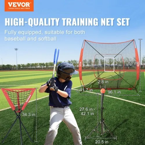 VEVOR 7x7 ft Baseball Softball Practice Net, Portable Baseball Training Net for Hitting Catching Pitching, Backstop Baseball Equipment with Bow Frame, Carry Bag, Strike Zone, Ball, Tee, Ball Collector