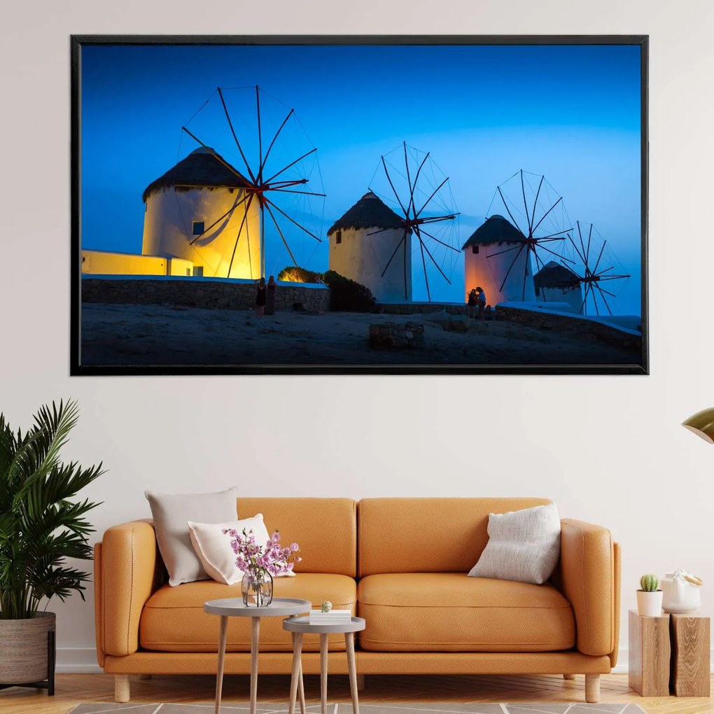 Πίνακας σε Plexiglass με Θέμα “Ανεμόμυλοι της Μυκόνου” σε μαύρη ξύλινη Κορνίζα - 120cmx80cm