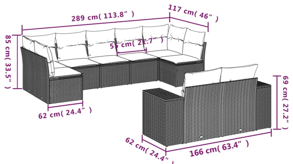 vidaXL Σαλόνι Κήπου Σετ 9 Τεμαχίων Μαύρο από Συνθ. Ρατάν με Μαξιλάρια