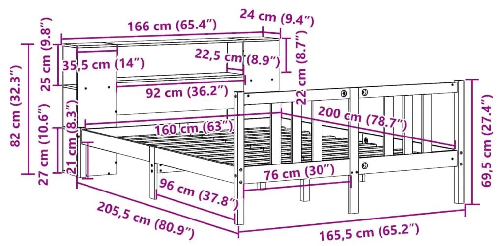 Κρεβάτι Βιβλιοθήκη Χωρίς Στρώμα 160x200 εκ Μασίφ Ξύλο Πεύκου - Λευκό