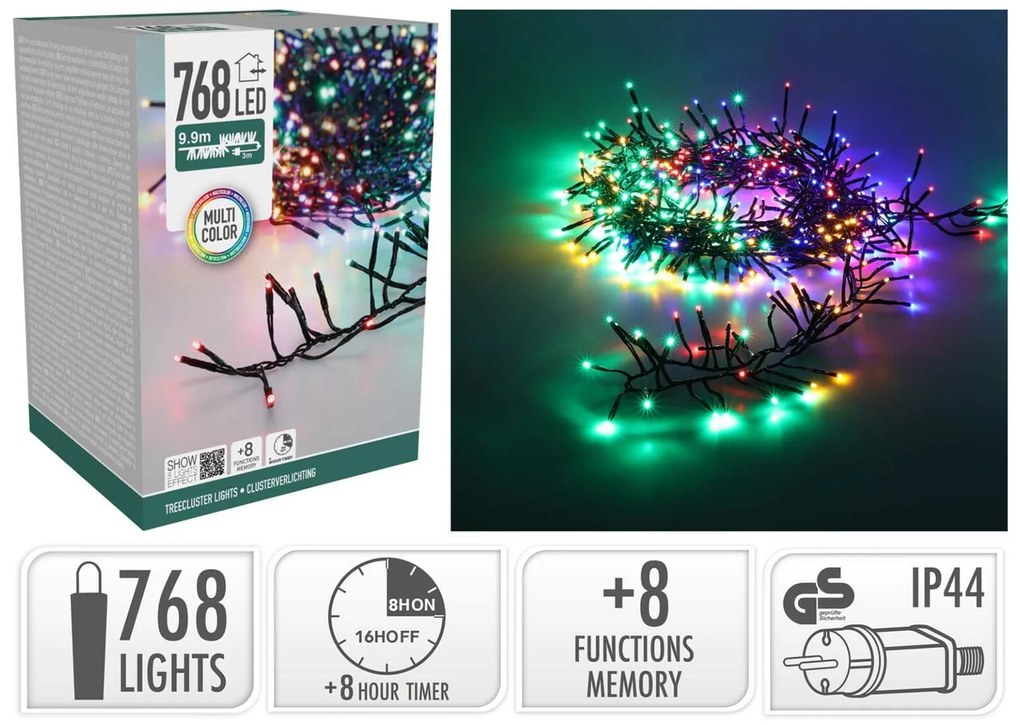 768 Φωτάκια LED - 9.9 Μέτρα + 3 Μέτρα σύνδεσης, Κανονική Διάταξη, με χειριστήριο, 8 προγράμματα, Πράσινο καλώδιο PVC - Πολύχρωμο