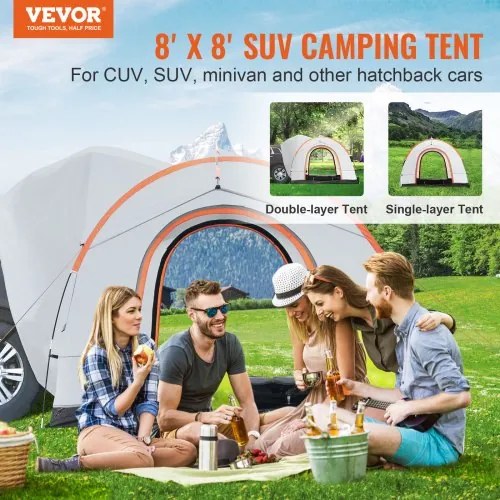 VEVOR SUV Camping Tent, 8&#039;-8&#039; SUV Tent Attachment for Camping with Rain Layer and Carry Bag, Waterproof PU2000mm Double Layer Truck Tent, Accommodate 6-8 Person, Rear Tent for Van Hatch Tailgate