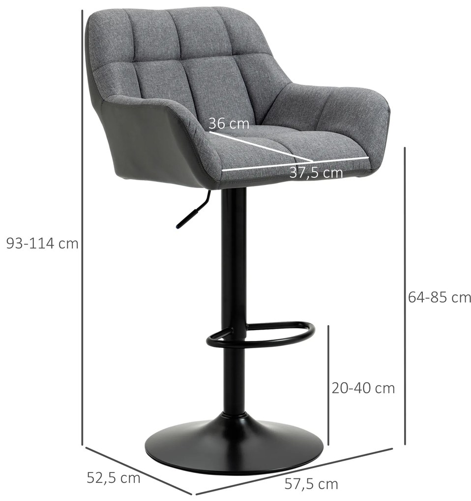 Σκαμπό μπαρ HOMCOM σετ 2 τεμαχίων, ρετρό σχεδιασμός, ρυθμιζόμενο ύψος, δερματίνη, όψη λινό, γκρι + μαύρο