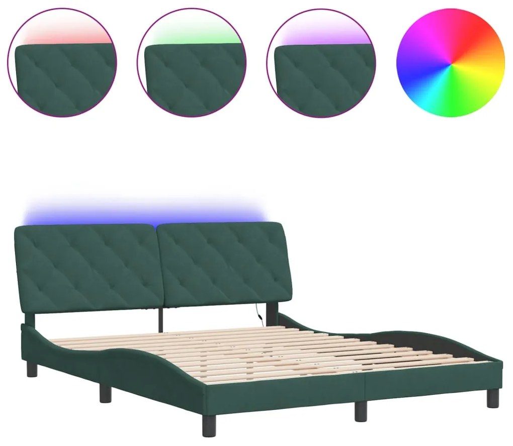 vidaXL Πλαίσιο Κρεβατιού με LED Σκούρο Πράσινο 160x200 εκ. Βελούδινο