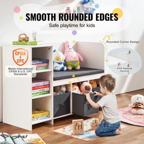 VEVOR Kids Reading Nook Bench 6-Cubby Storage Bookshelf with Seat Cushion White