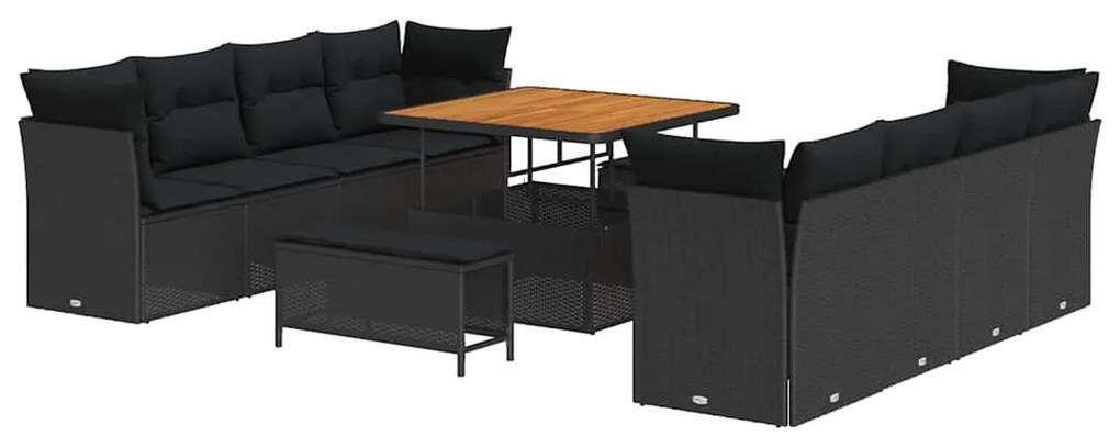 vidaXL 11 τεμάχια σετ καναπέ κήπου με μαξιλάρια, μαύρο πολυ rattan.