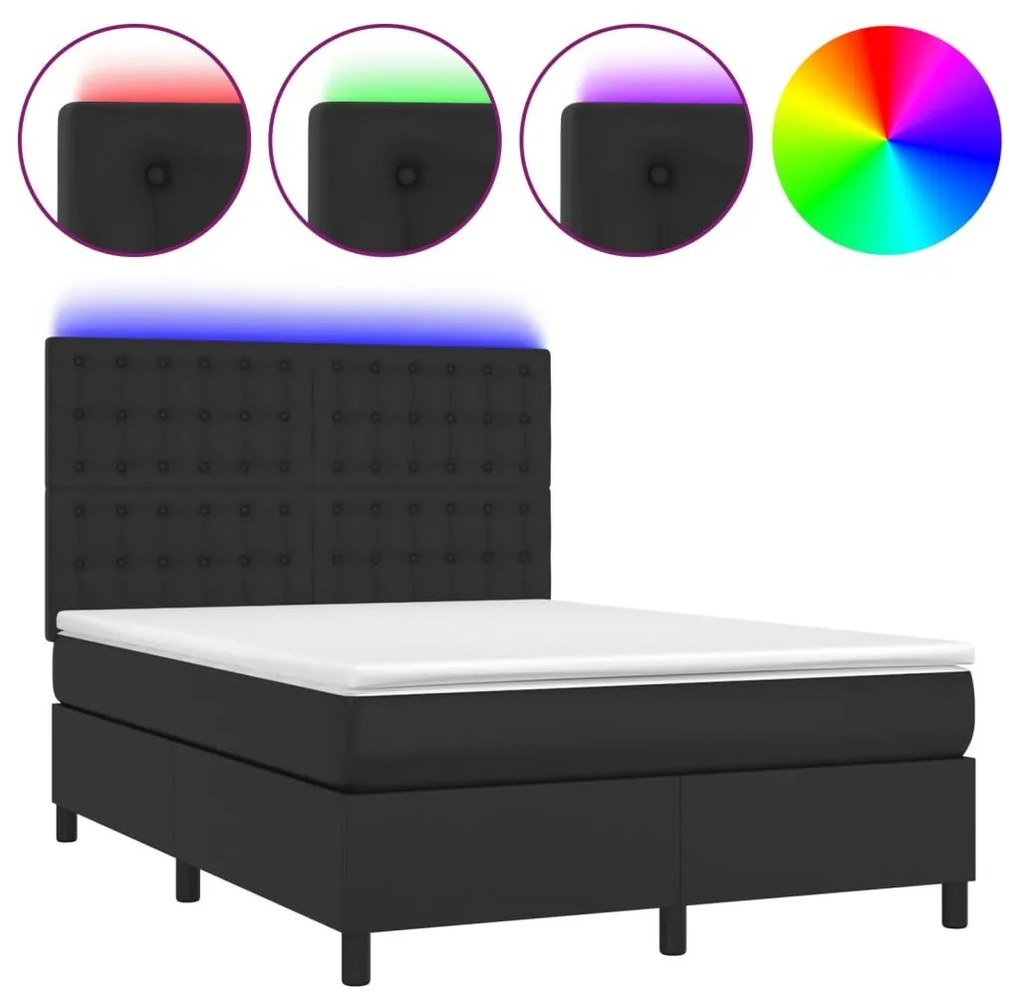 Κρεβάτι Boxspring με Στρώμα &amp; LED Μαύρο 140x190 εκ. Συνθ. Δέρμα - Μαύρο