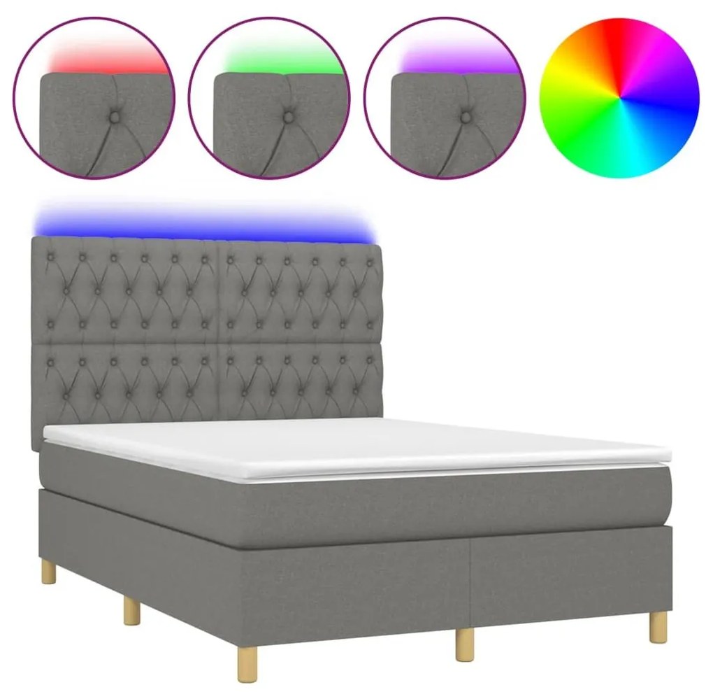 Κρεβάτι Boxspring με Στρώμα &amp; LED Σκ.Γκρι 140x190εκ. Υφασμάτινο - Γκρι