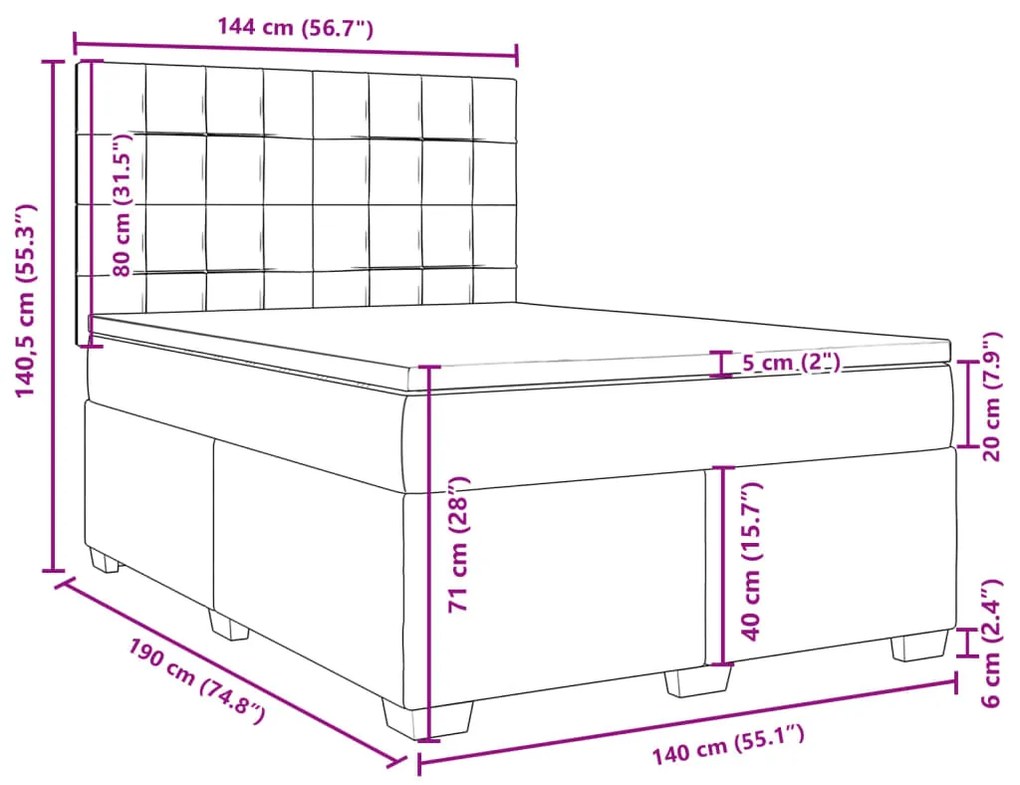 Κρεβάτι Boxspring με Στρώμα Ανοιχτό Γκρι 140x190 εκ. Βελούδινο - Γκρι