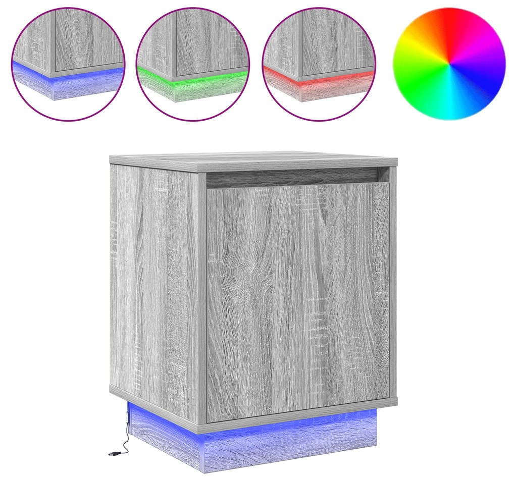 vidaXL Κομοδίνα με LED Φώτα 2 τμχ Γκρι Σονόμα 39x34,5x50 εκ.