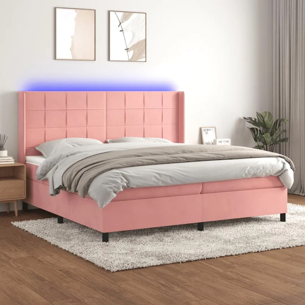 vidaXL Κρεβάτι Boxspring με Στρώμα &amp; LED Ροζ 200x200 εκ. Βελούδινο