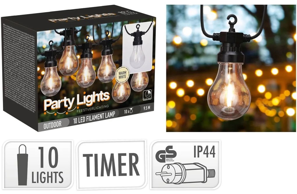 Διακοσμητικός Φωτισμός 10LED με χρονοδιακόπτη - 9.5 Μέτρα - Θερμό Λευκό