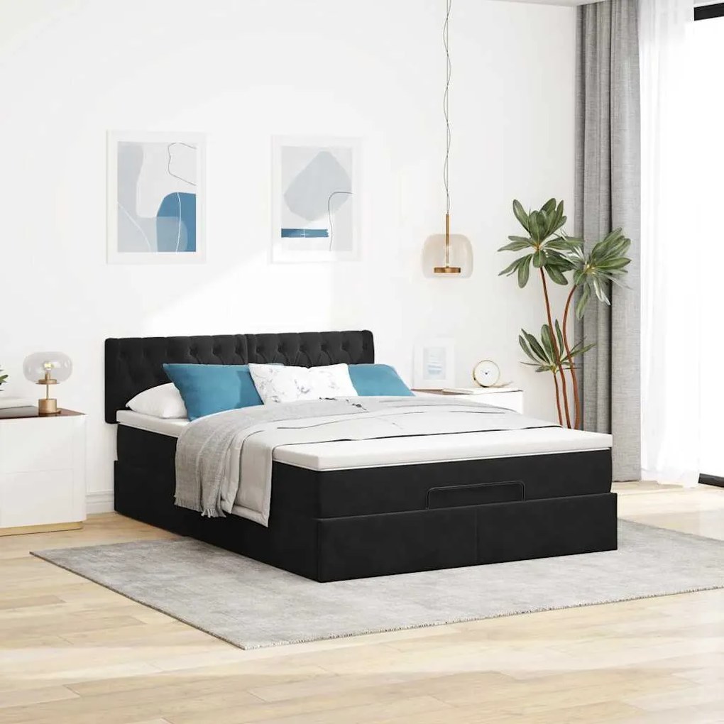 vidaXL Οθωμανικό κρεβάτι με στρώμα & LEDs Μαύρο 140x190cm Velvet