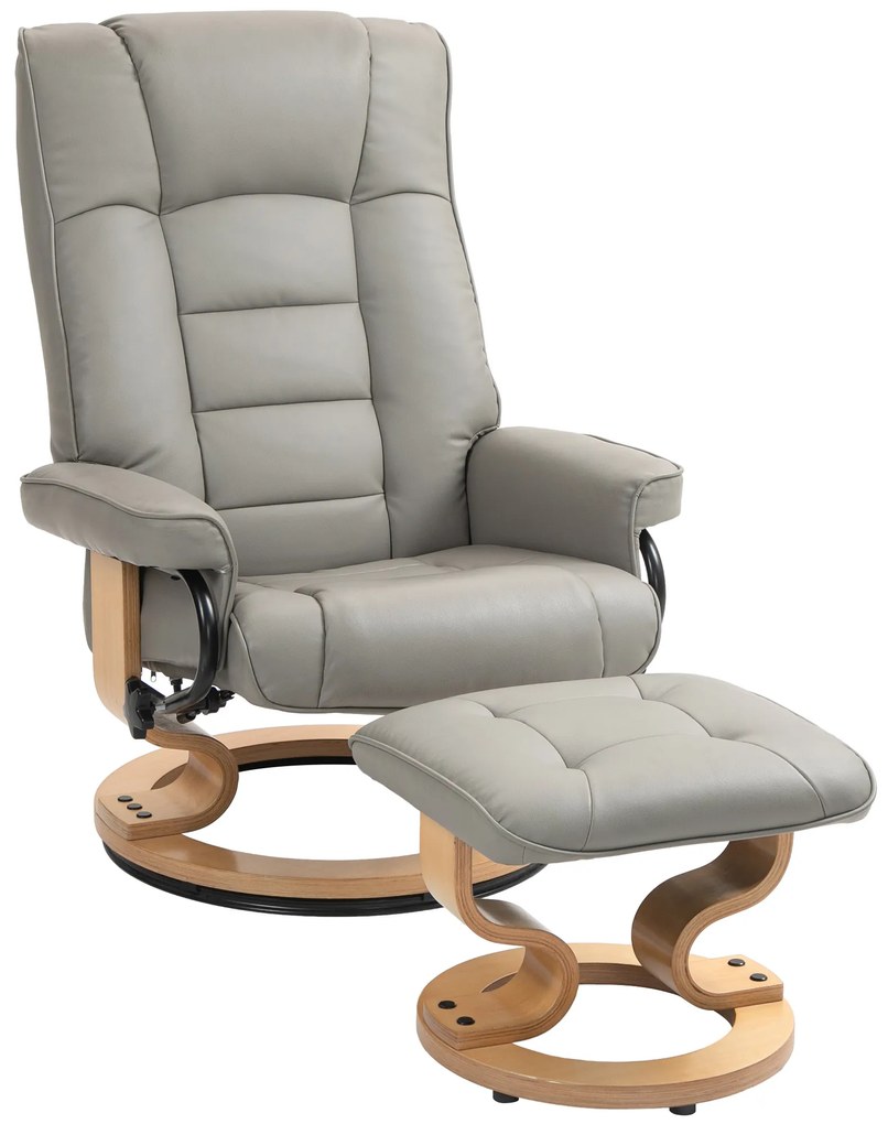 HOMCOM Πολυθρόνα Relax με Υποπόδιο, Περιστρεφόμενη &amp;amp; Ανακλινόμενη, Επένδυση από Τεχνητό Δέρμα, έως 150 kg, Ξύλινο Πλαίσιο, Γκρι