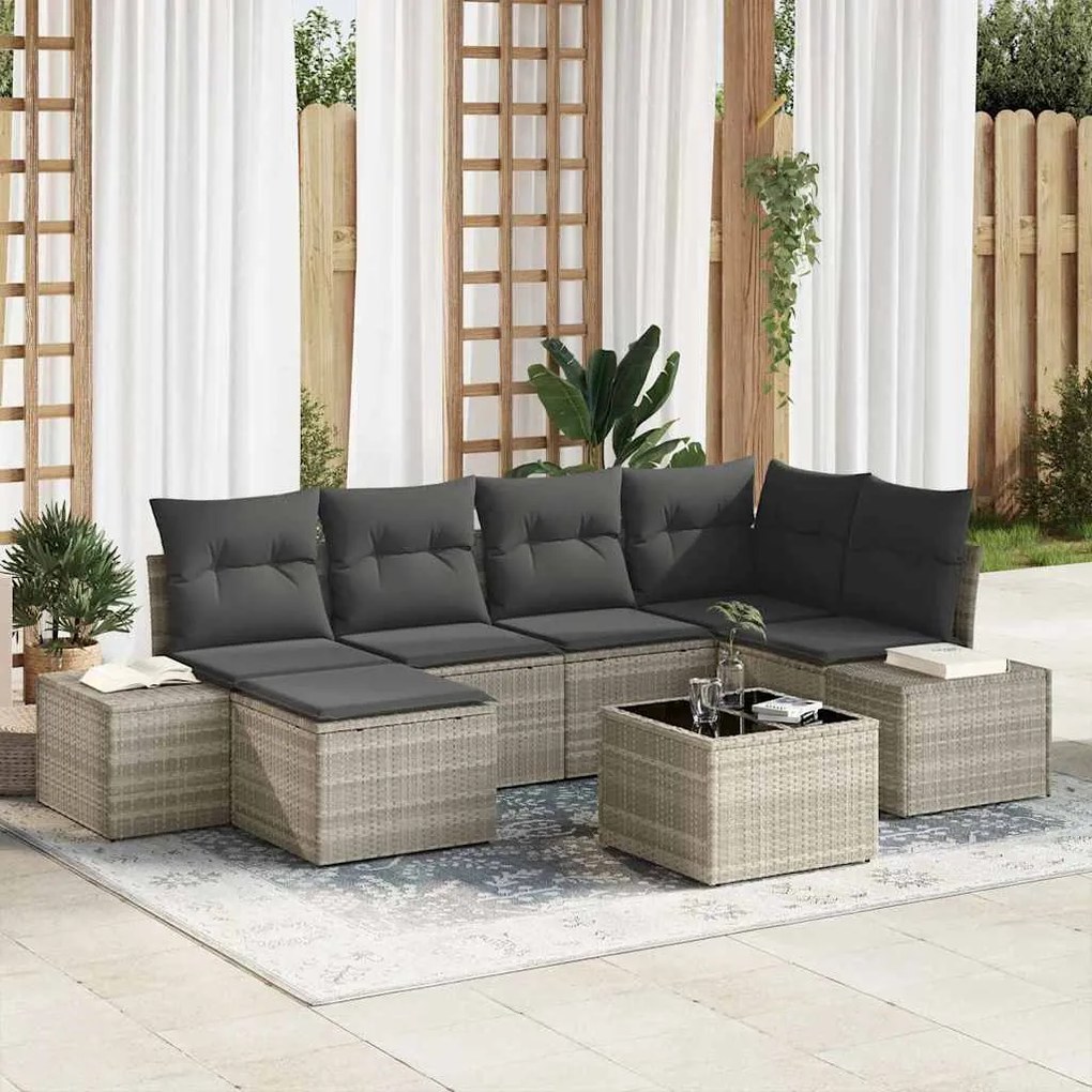 vidaXL Σετ Καναπέ Κήπου με μαξιλάρι 7 pcs Ανοιχτό γκρι Πολυ ράταν