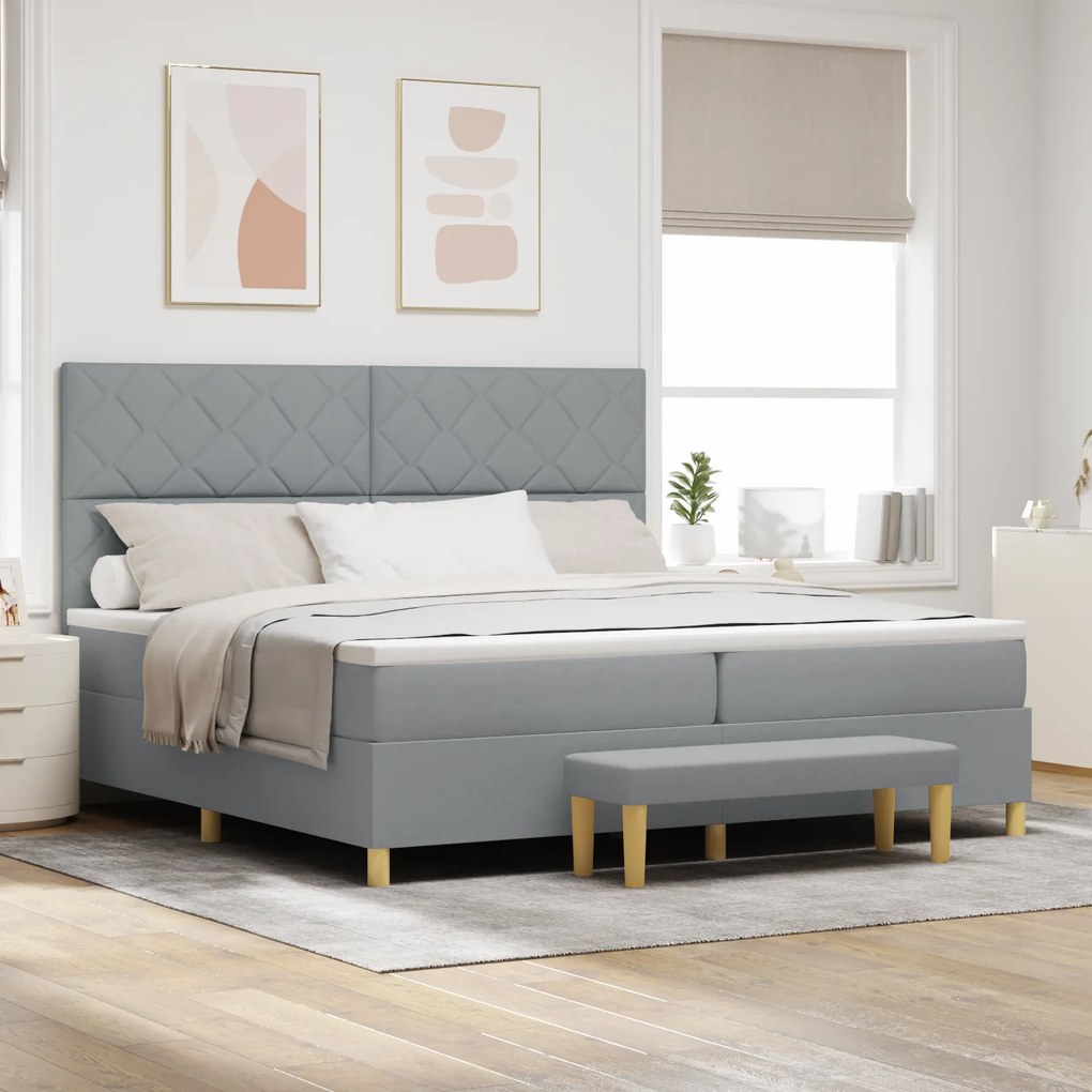 vidaXL Κρεβάτι Box Spring με Στρώμα & Μπάγκα Ανοιχτό Γκρι 200x200 εκ. Ύφασμα